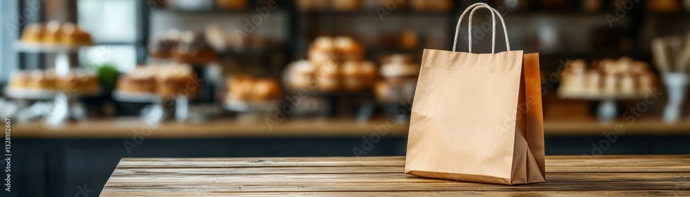 Poster simple brown paper bag resting on a rustic wooden table with natural grain texture creating an organ