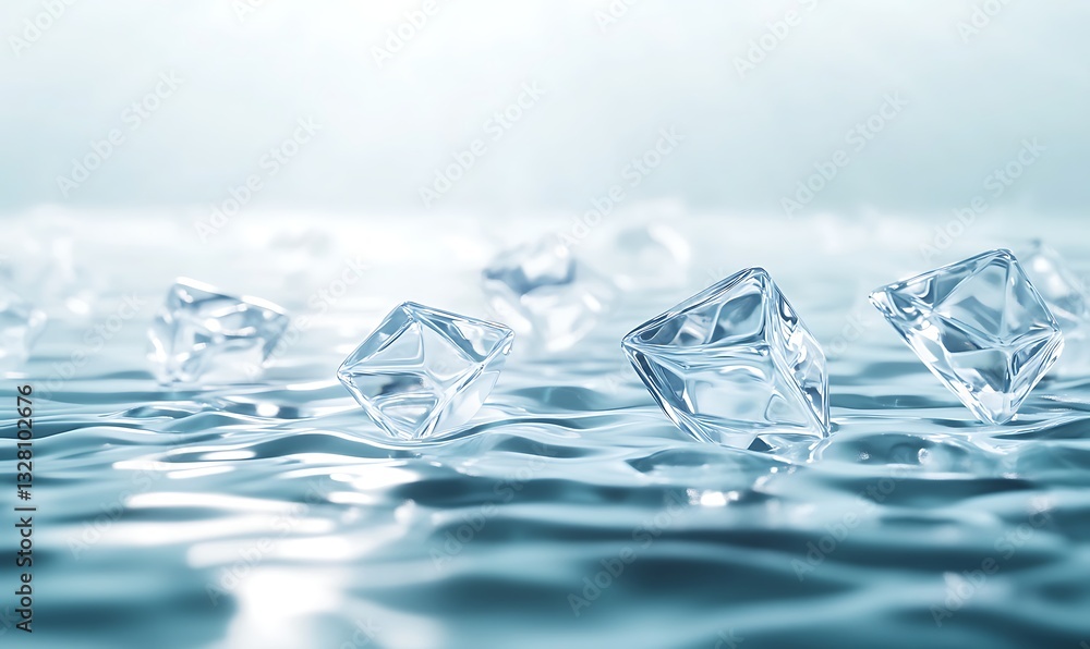 Poster Ice cubes floating on a serene water surface, creating a tranquil and refreshing atmosphere.