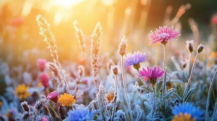 Obraz premium close-up A stunning contrast of colorful wildflowers blooming through the icy grasslands, with frost-covered blades of grass glistening in the sunlight
