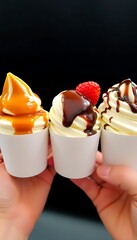 Ice Cream Trio White Paper Cups Chocolate Syrup