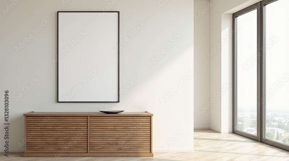 Poster a large wooden dresser with a white frame sits in a room with a large window