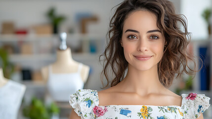 Female designer adjusting dress fit in a fashion studio creative workspace portrait style inspiring fashion design atmosphere