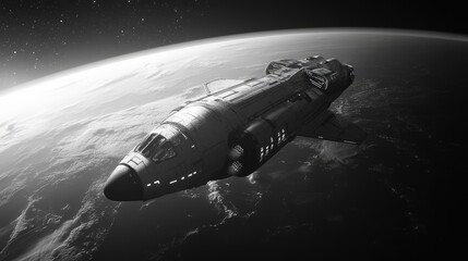 A spacecraft travels above the earth in outer space