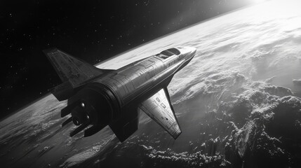 A spacecraft flying through space above an alien planet