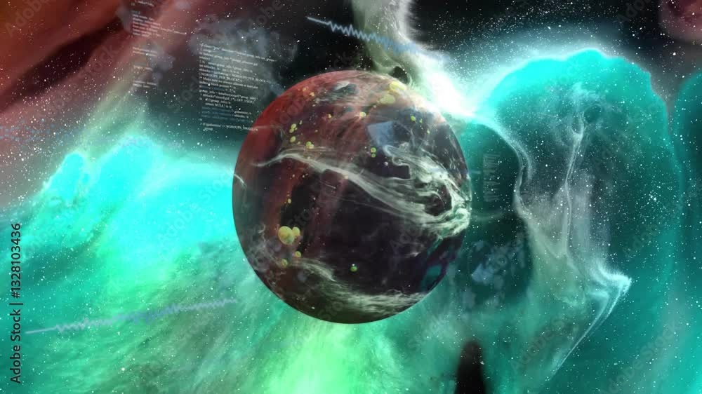 Poster planet with swirling colors and data streams in cosmic space animation