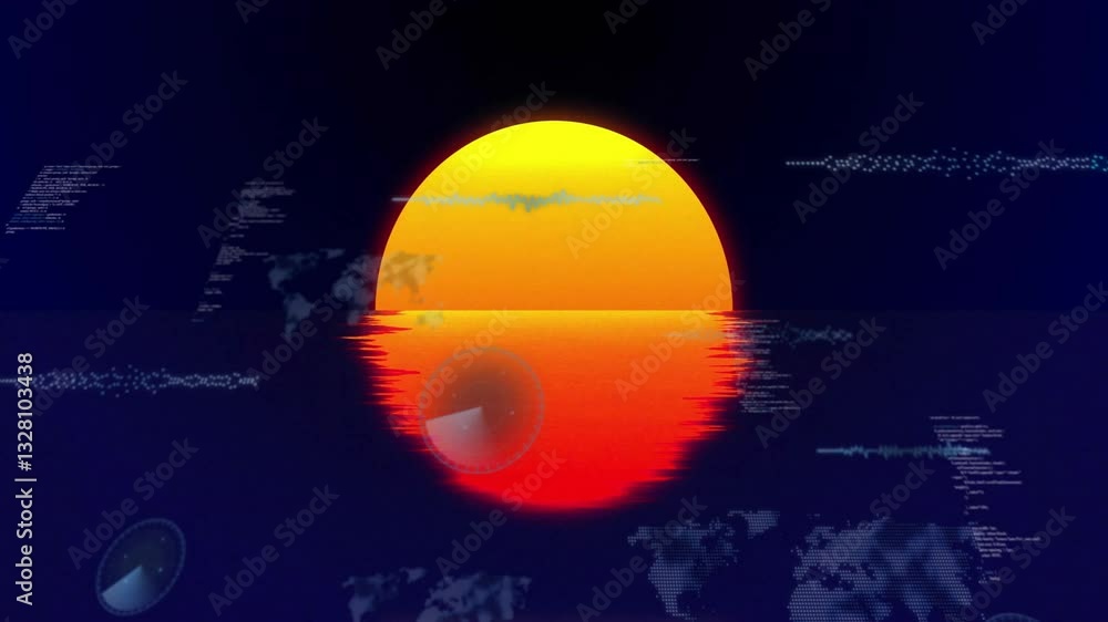Poster sunset animation over digital world map with data and waveforms