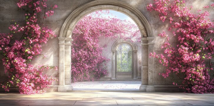 Arched Entrance Leading Into A Floral Paradise Of Blossoming Bougainvillea