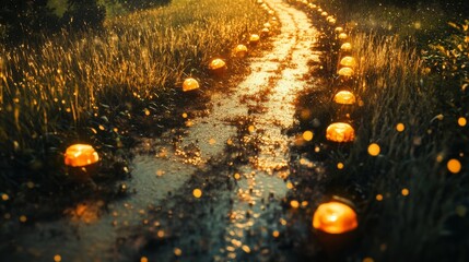 Pathway Illuminated by Glowing Orbs Surrounded by Lush Greenery in a Serene Twilight Setting