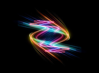 Obraz premium Abstract design featuring vibrant, swirling light trails on a black backdrop. Colorful streaks create a dynamic, energetic, and modern visual effect.
