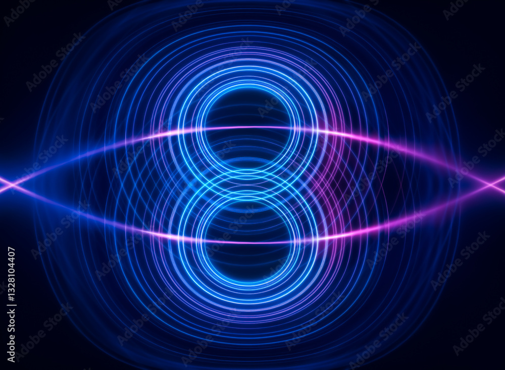 Poster abstract glowing blue circles radiate outwards, intersected by wavy pink lines, creating a dynamic a