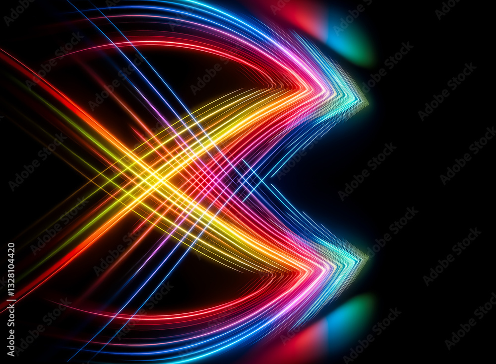 Poster abstract design with dynamic curved light trails in vibrant rainbow colors on a black background. in