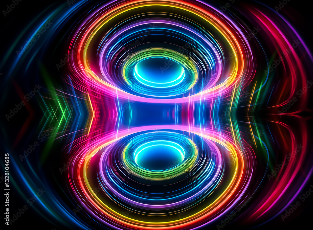 Poster vibrant concentric circles radiate in a mirrored symmetrical design against a dark backdrop, creatin