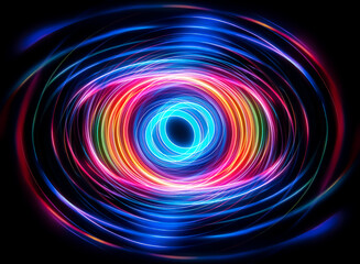 Abstract swirling vortex of vibrant colors on a dark backdrop. Circular motion with bright hues of blue, red, and orange creates a dynamic, energetic visual effect.
