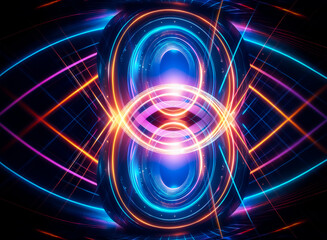 Vibrant abstract design featuring glowing neon lights in blue, orange, and pink hues. Symmetrical and eye-catching, with a central point of intense illumination on a dark backdrop.