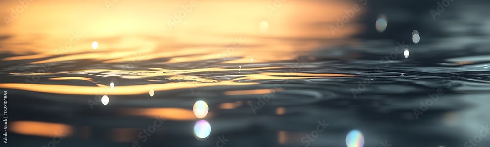 Poster rippling water surface with golden light reflections and sparkling droplets creating a serene atmosp