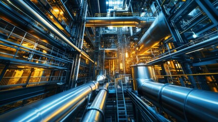 Fototapeta premium Complex Industrial Pipes Network in a Factory Interior