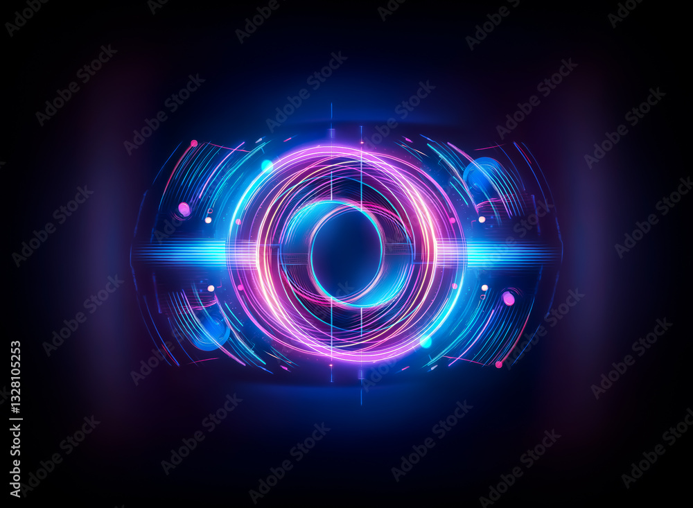 Poster abstract glowing circle with blue and pink neon light effect on dark background. futuristic, digital