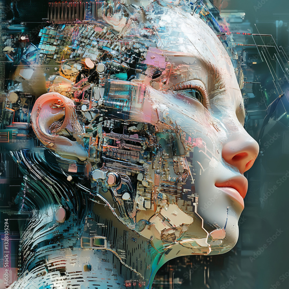 Poster digital art of woman's face with abstract circuitry patterns