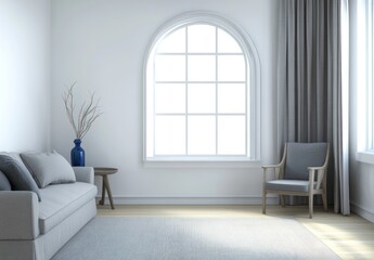 Minimalist living room with arched window, sofa, armchair, and rug.