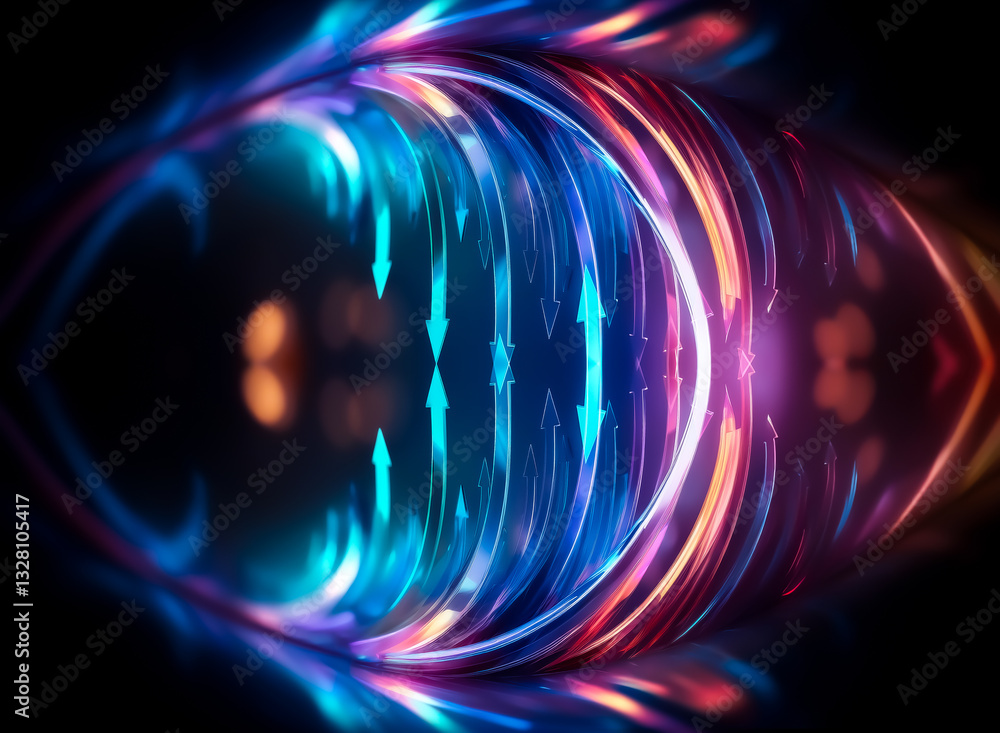 Poster abstract tunnel of vibrant blue and red light trails converging inwards with glowing arrows. dynamic