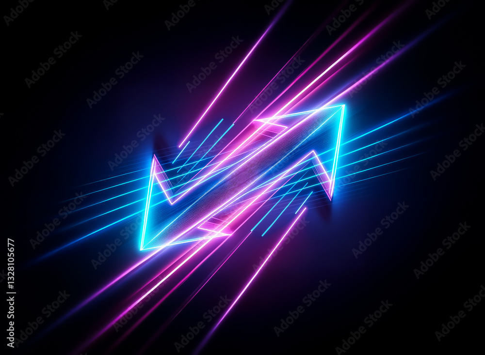 Poster bright neon square shape with inward arrows in blue and pink hues. glowing streaks radiate on a dark