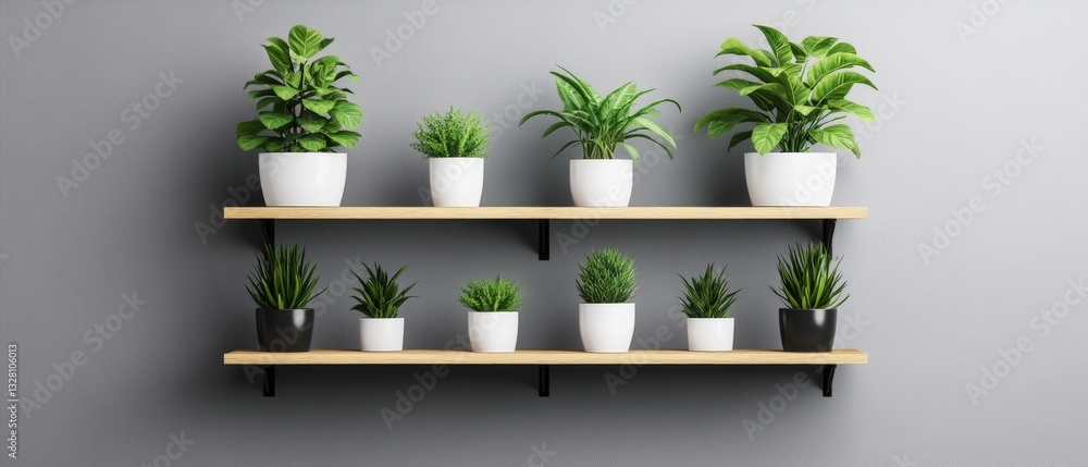 Poster wall display featuring a shelf overflowing with a diverse selection of lush plants in a monochrome i