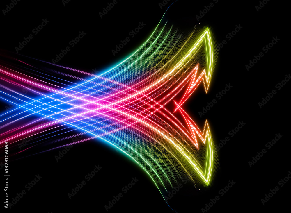 Poster vibrant rainbow neon lines converge and diverge against a stark black backdrop, creating a dynamic a