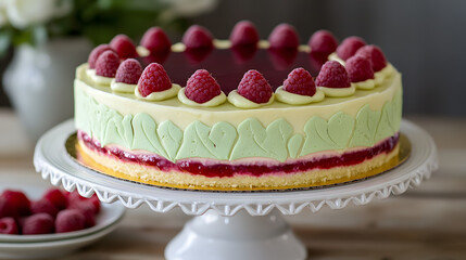 Delightful Swedish Princess Cake with Raspberry Toppings and Green Fondant Garnish