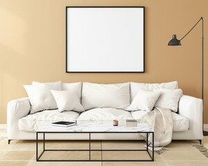 Modern living room with a white sofa. coffee table. and a blank frame on the wall