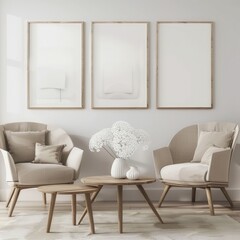 Two beige armchairs and a coffee table with two side tables in a minimalist living room with three framed pictures on a white wall