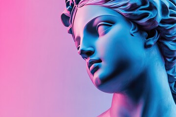 A classical sculpture of a female face with vibrant neon lighting
