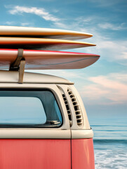 Pink and white Surfer&rsquo;s vehicle by the coast, vibrant surfboards ready for a day of wave adventure