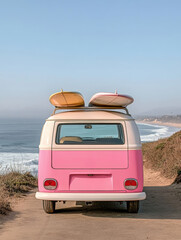 Pink and white surf van waits with surfboards atop, overlooking calm ocean waters and a sandy beach