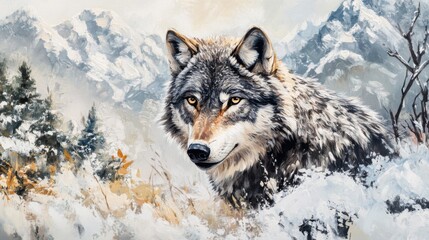 Obraz premium Grey Wolf in Snowy Mountain Winter Landscape Painting
