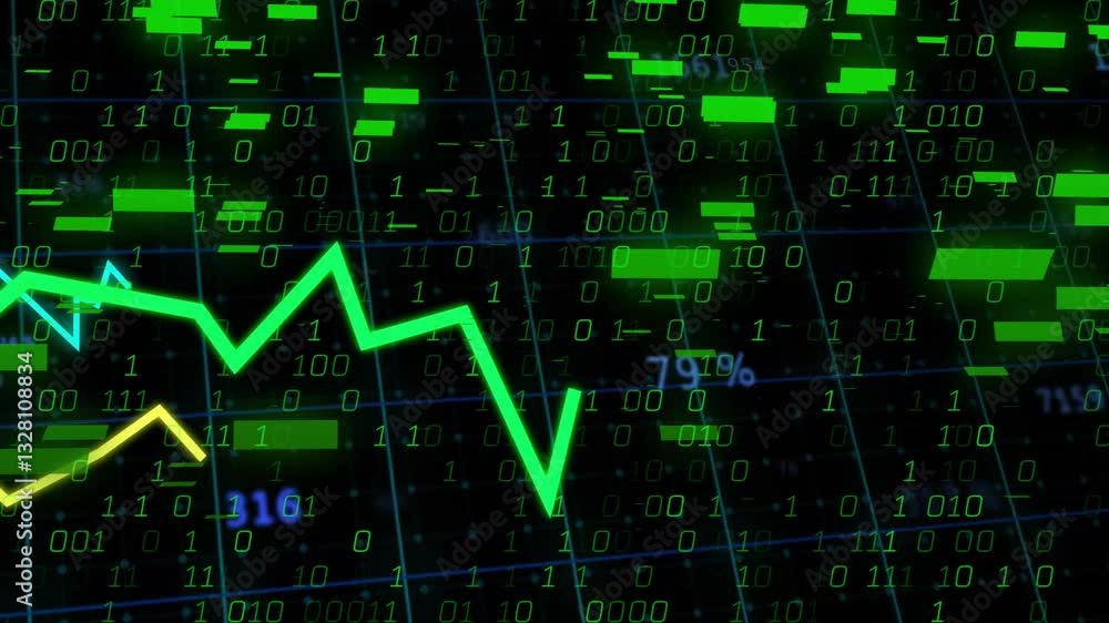 Poster animation of green binary code with fluctuating line graph for financial analysis