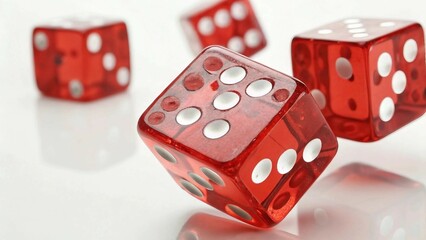 Transparent red dice set floating in mid-air, showcasing intricate gaming elements against a clean white background