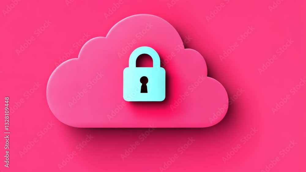 Poster abstract illustration of cloud security with stylized pink background and 3d lock symbol for digital