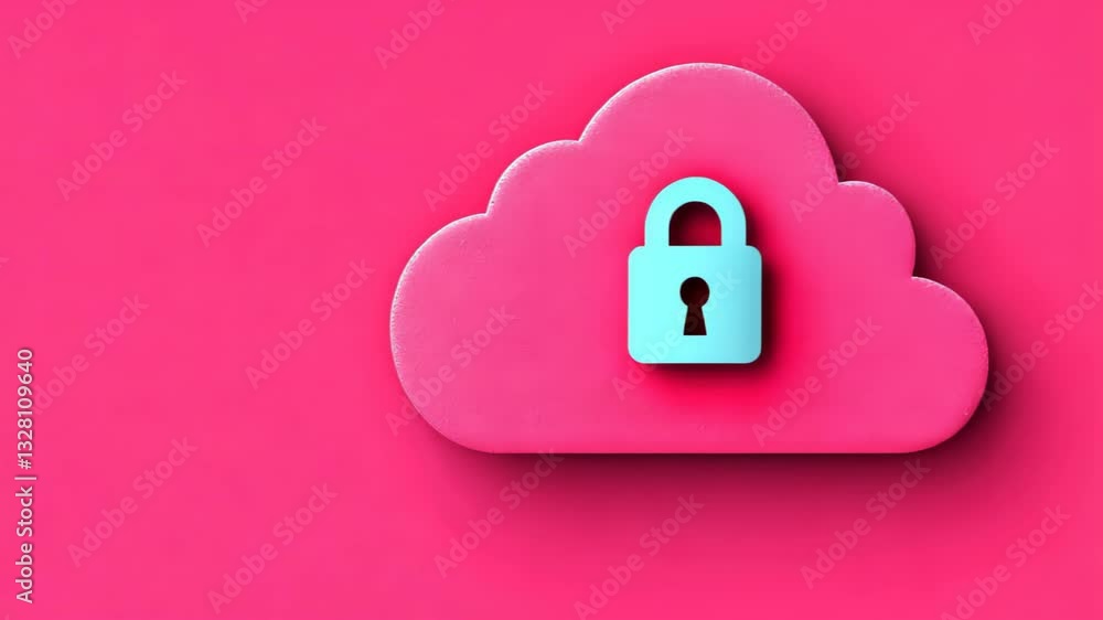 Poster abstract illustration of cloud security with stylized pink background and 3d lock symbol for digital