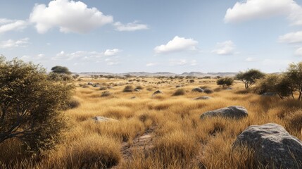 Fototapeta premium Golden Grassland Savanna Landscape Under a Sunny Sky