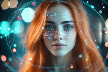A young woman with red hair curiously interacts with a digital interface