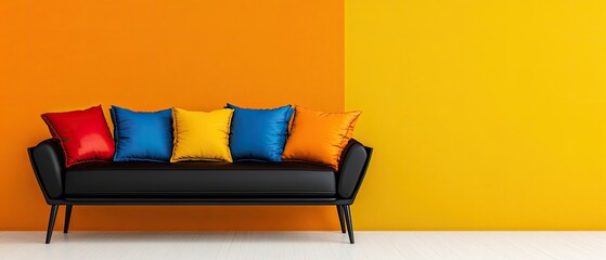 Modern Black Sofa with Colorful Pillows against a Vibrant Orange and Yellow Wall
