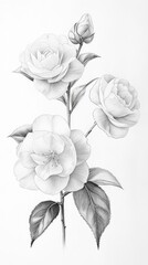 Obraz premium Delicate botanical pencil drawing of camellia flowers and buds