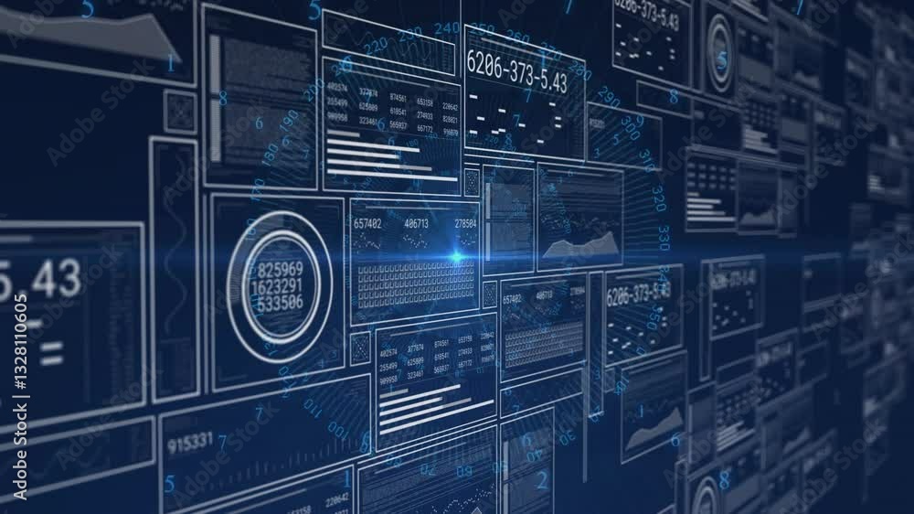 Poster displaying graphs and numbers, digital data panels in futuristic blue animation