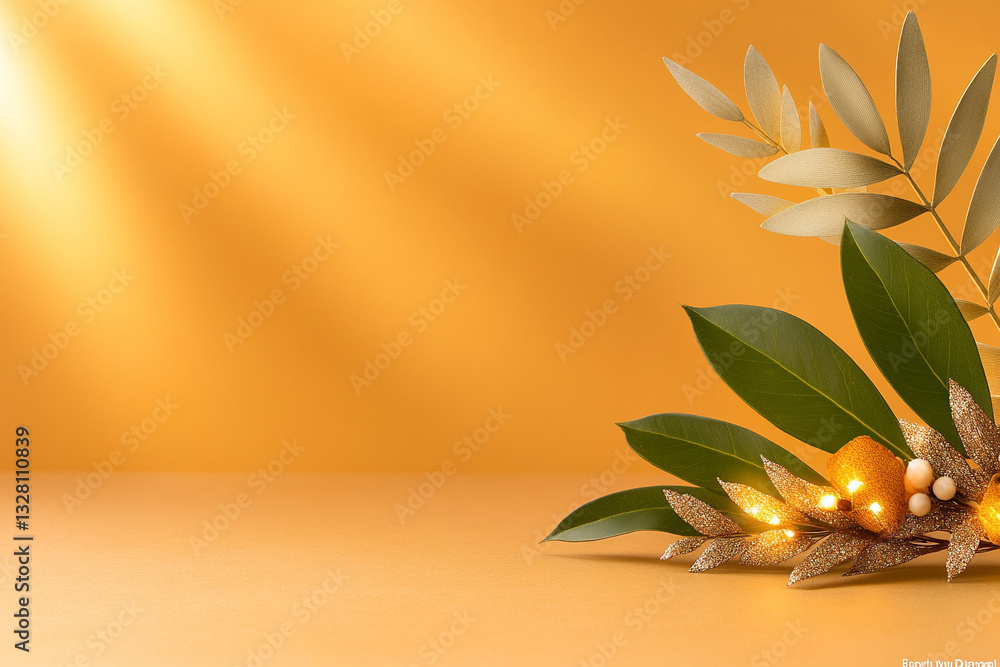 Poster a vibrant yellow background with two palm leaves on the right side, creating an elegant and refreshin