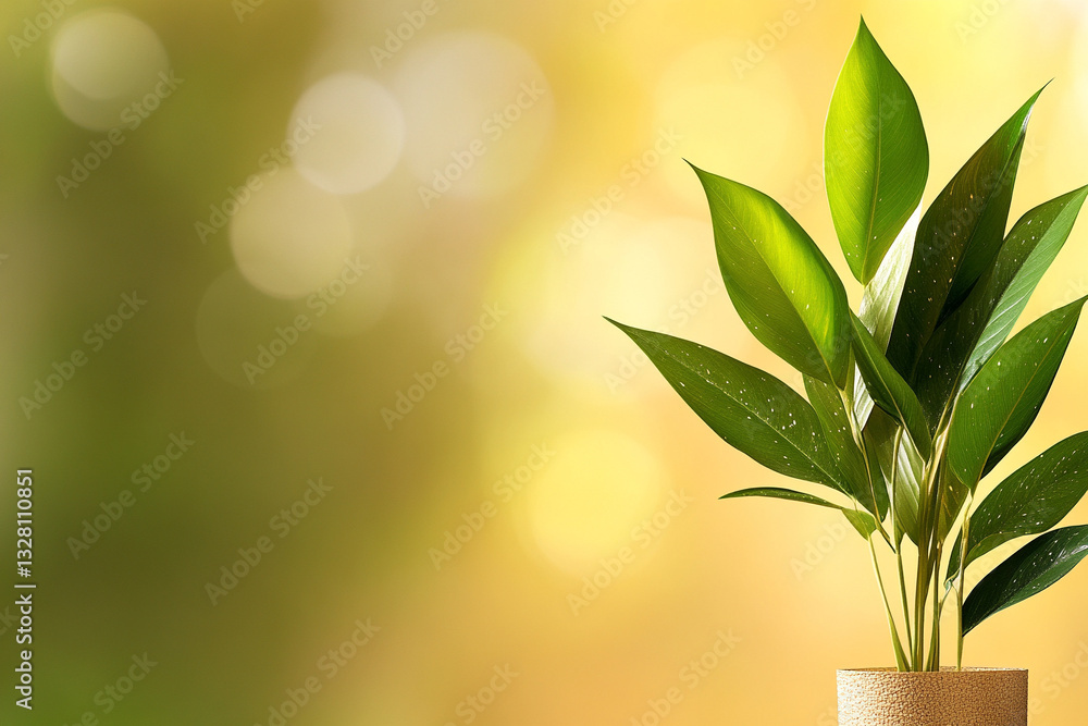 Poster a vibrant yellow background with two palm leaves on the right side, creating an elegant and refreshin