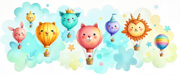 Fototapeta premium Whimsical Animal Balloon Fest – Watercolor Painting of Fantasy Balloons, Bright Colors, for Children's Book Illustrations and Party Decor