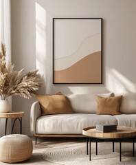 Minimalist living room with beige sofa, abstract art, and pampas grass.