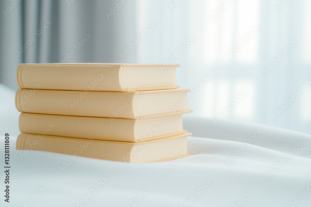 Poster burnout recovery balance concepts. stack of books on a soft surface with natural light backdrop.