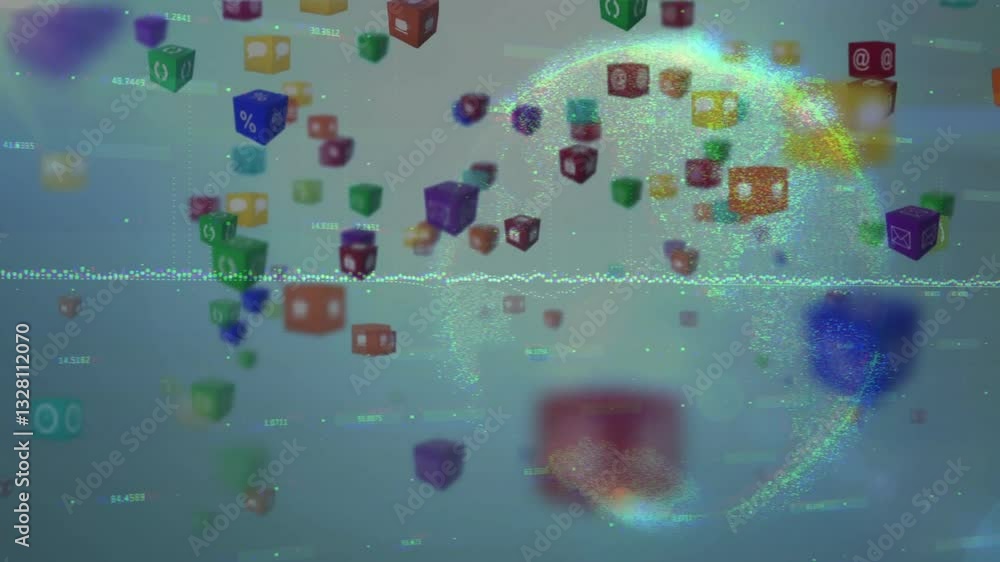 Poster colorful cubes with symbols floating over digital data and glowing sphere animation