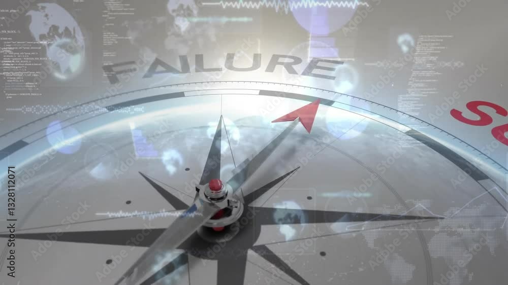 Poster compass with red arrow pointing towards failure, digital animation overlay in school